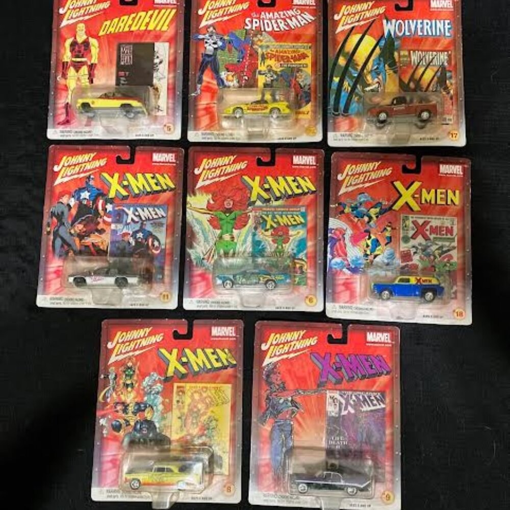 Marvel Johnny lighting collectable car, 5 X-Men, Spiderman, Wolverine, daredevil